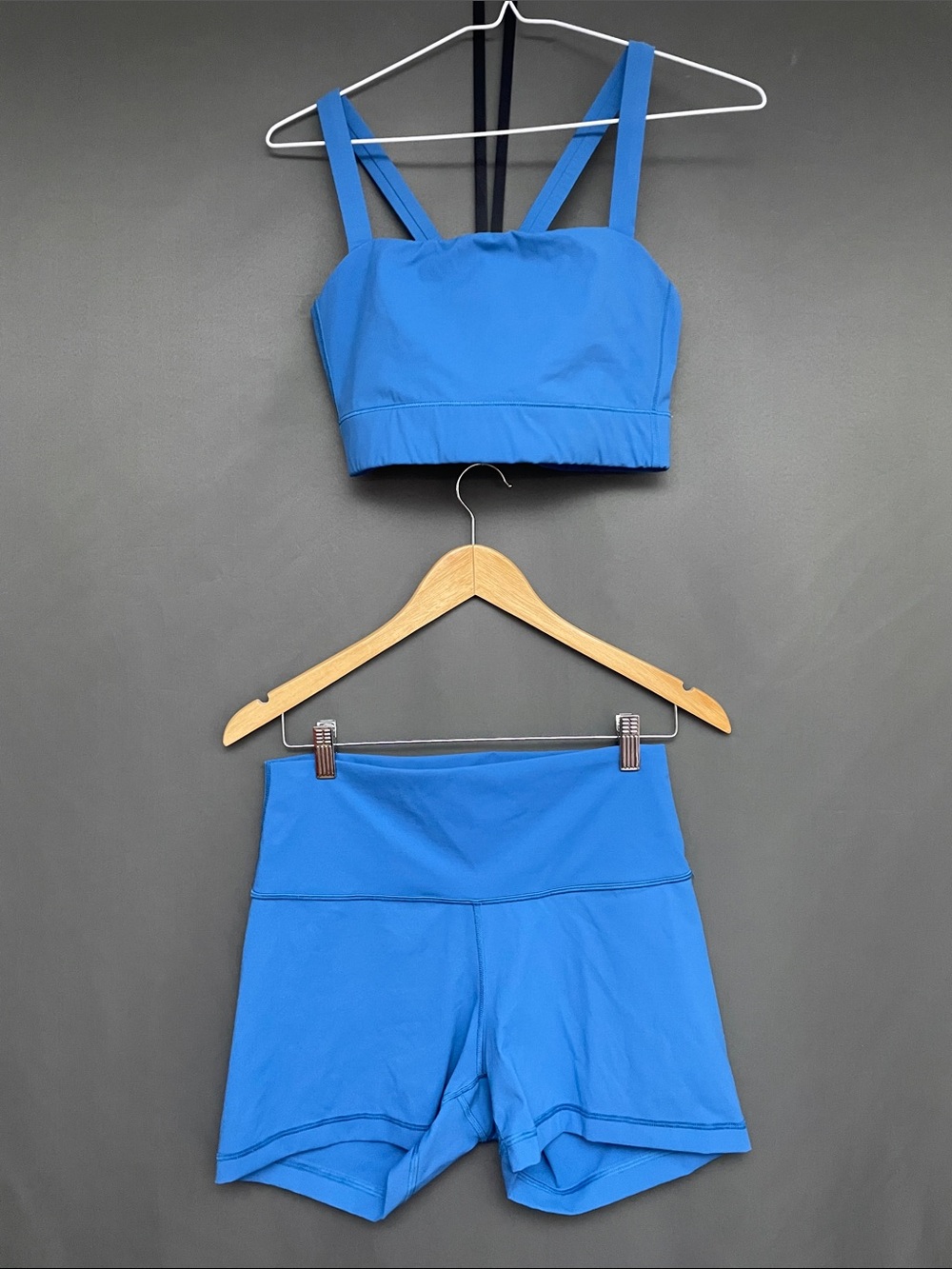 Everlane Cobalt Blue High-Rise Bike Shorts (L) and Sports Bra (M)